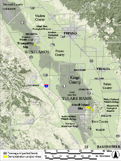 Map showing drainage impacted lands in the San Joaquin Valley and study sites